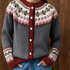 Elegant Gray and Red Patterned Cardigan